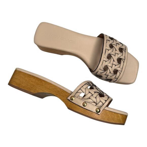 Tory Burch Basketweave Studded Clogs Calf Leather in Cream Size 7 - Picture 1 of 10